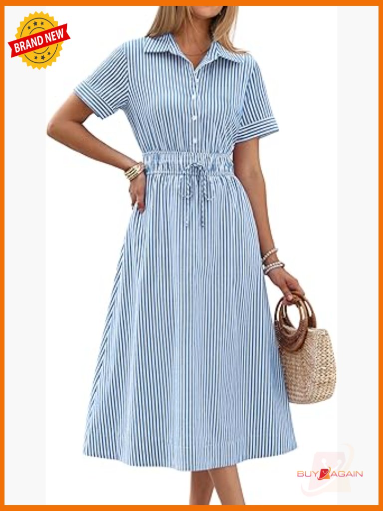Women's Midi Dress Short Sleeve Striped Button Collar Casual Beach Dress